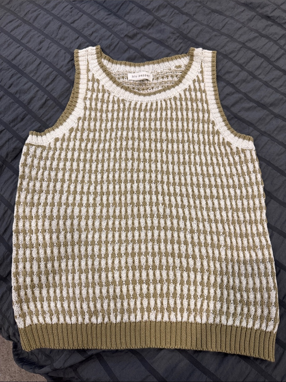 Blu Pepper Olive Green and Cream Knit Sleeveless Sweater Tank
